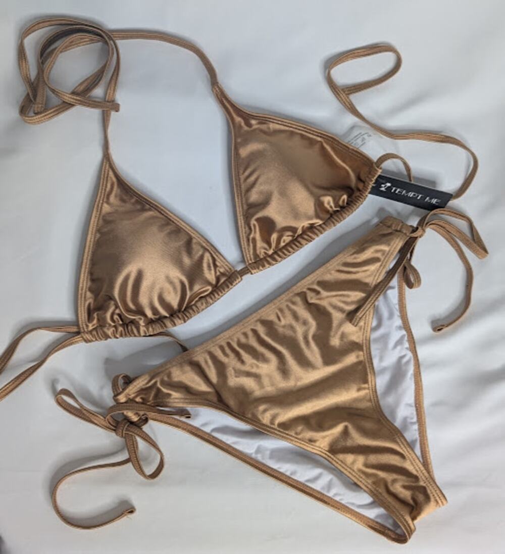 TEMPT ME women's sexy triangle string Halter two piece gold bikini size L NWT